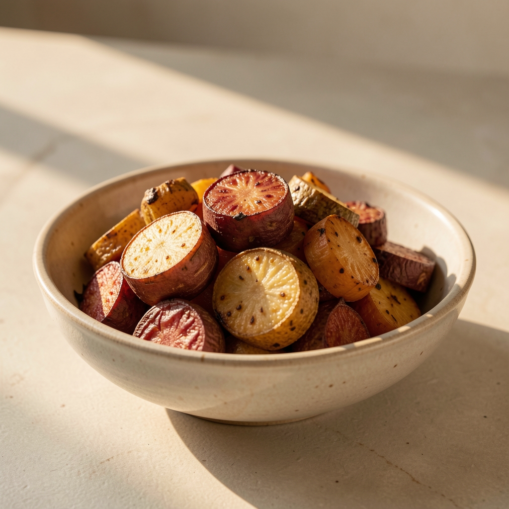 Bowl of roasted root vegetables on a pale ceramic surface, warm afternoon light, whole foods editorial composition