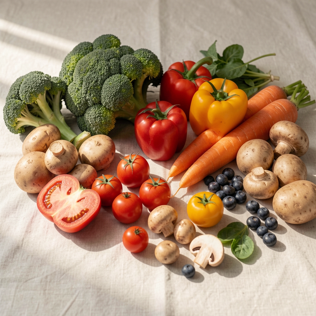 Seasonal vegetables and whole foods arranged on a pale linen surface in natural morning light, editorial composition for nutrition journal
